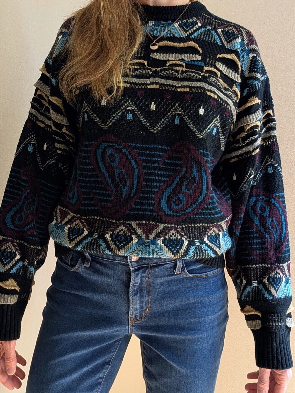 Vintage Coogi Style Abstract Textured Chunky Crewneck Sweater In Black/Blue